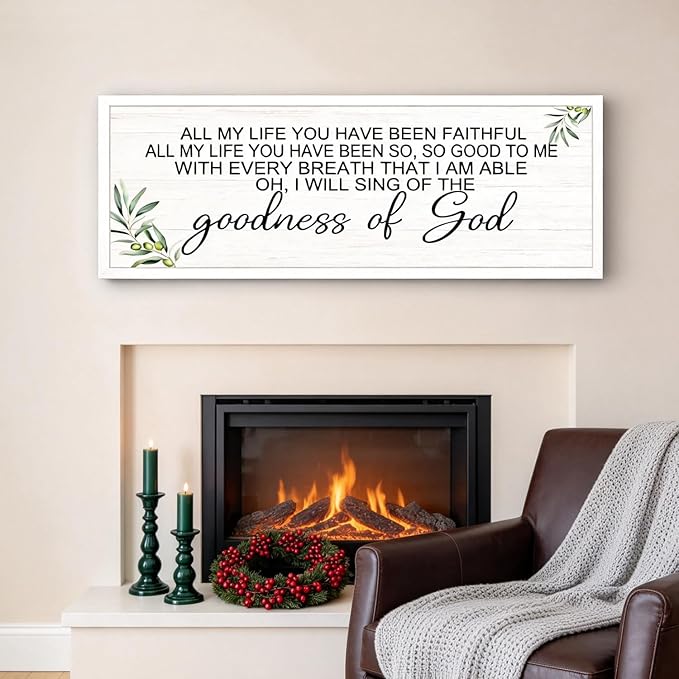 Goodness of God Christian Wall Decor: 40x15 Inch Large Framed Christian Inspirational Wall Art, Religious Scripture Quote Wooden Sign, Christian Home Decor for Living Room Bedroom, White