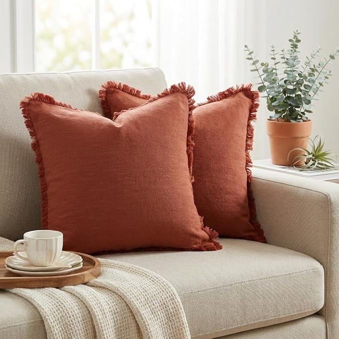 Sunday Praise Set of 2 Linen Fringe Fall Decorative Pillow Covers 18x18 Inch Farmhouse Accent Boho Throw Pillow Cases with Tassels Cozy Soft Cushion Covers for Couch Sofa Bed Home Decor,Rust Orange