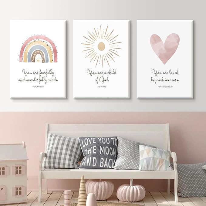Boho Nursery Wall Art 3 Pieces Bible Verse Nursery Canvas Wall Decor Christian Baby Girls Wall Art Heart Rainbow Sun Pictures Boho Sunshine Prints for Girl Baby Kid Room 16x24 Inch Wrapped Canvas
