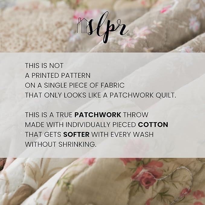 SLPR Cotton Quilted Throw Blanket, 50" x 60" Floral Farmhouse Patchwork Quilt, Shabby Chic Patchwork Throw Lap Quilt for Couch, Secret Garden