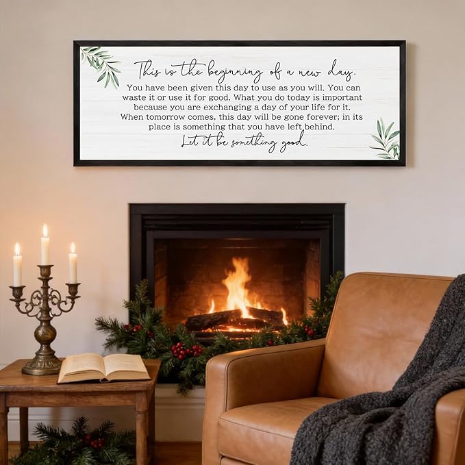 The Beginning of a New Day Wall Art – 40x15 Inch Wooden Framed Inspirational Sign with Motivational Message, Large Rustic Wood Frame Wall Decor for Living Room, Office, Entryway, Black