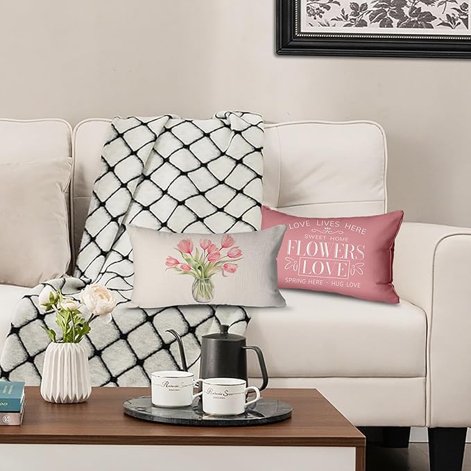 Pillow Covers 12x20 Inch Set of 4 Tulip Home Sweet Home Pink Throw Pillows Decorative Pillow Cases Hello Summer Spring Seasonal Farmhouse Decorations for Sofa Couch
