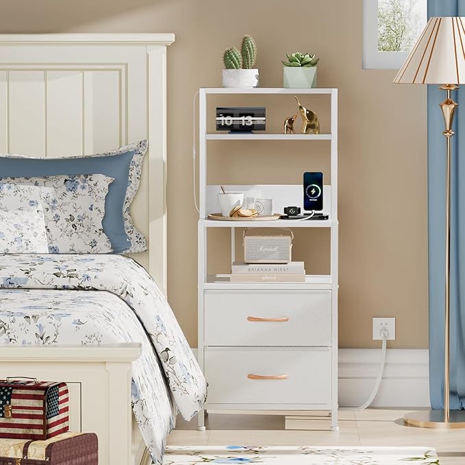 Furnulem Night Stand, Tall White Nightstand with 4-Tier Shelves, 2 PU Fabric Drawers and Light Tube, Bed Side Tables with Charging Station, Bedside Table for Bedroom