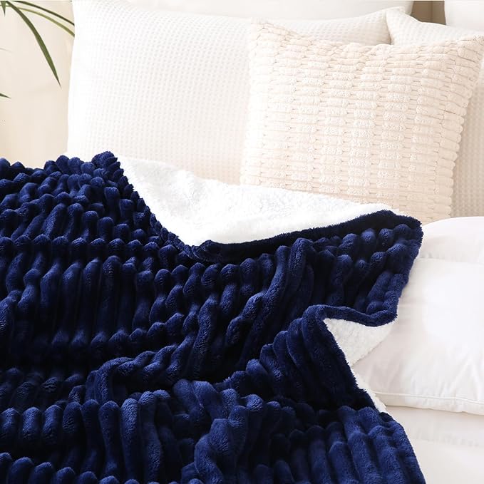 Navy Blue Sherpa Fleece Throw Blanket 60”×80” for Couch Sofa Bed,Double Side Soft Fuzzy Cozy Plush Thick Flannel Blanket with Striped Design,Gift for Adults,Woman,Girls