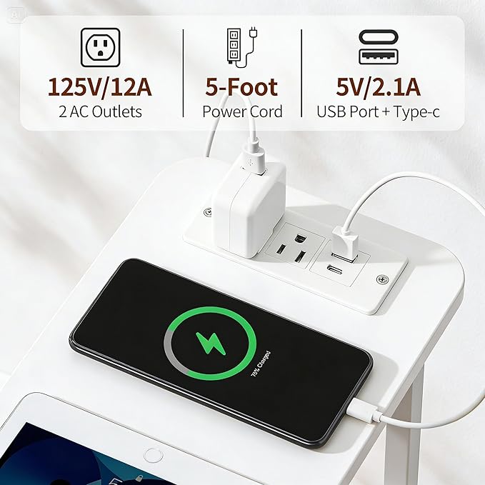 Narrow End Table with Charging Station, Narrow Side Table with Drawer, Small Nightstand with LED Light, Skinny Nightstand, Small Bedside Table for Living Room, Bedroom, Couch, White