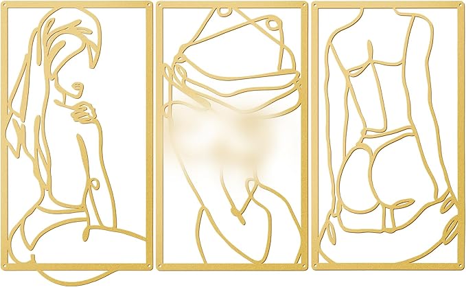 Peryiter 3 Pcs Modern Minimalist Wall Decor Abstract Metal Wall Art Metal Line Art Woman Body Artwork for Bedroom Bathroom Living Room(Gold)