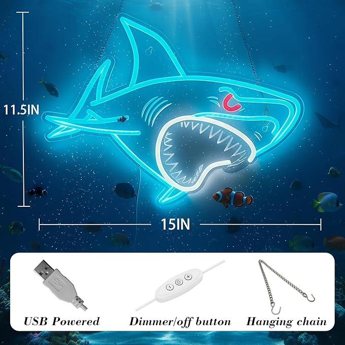 Shark LED Neon Sign, Dimmable USB Powered Wall Night Light for Bedroom, Game Room, Man Cave, Shark Wall Decor, Birthday Christmas Gift for Boys and Men, 15 x 11.5 inch