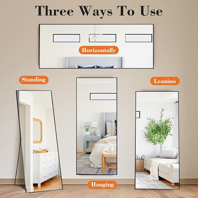 DUMOS Full Length Mirror 24"x 65.1" for Bedroom, Full Body Mirror with Stand, Hanging or Leaning for Wall, Aluminum Alloy Thin Frame Floor Standing for Living Room, Long, Black