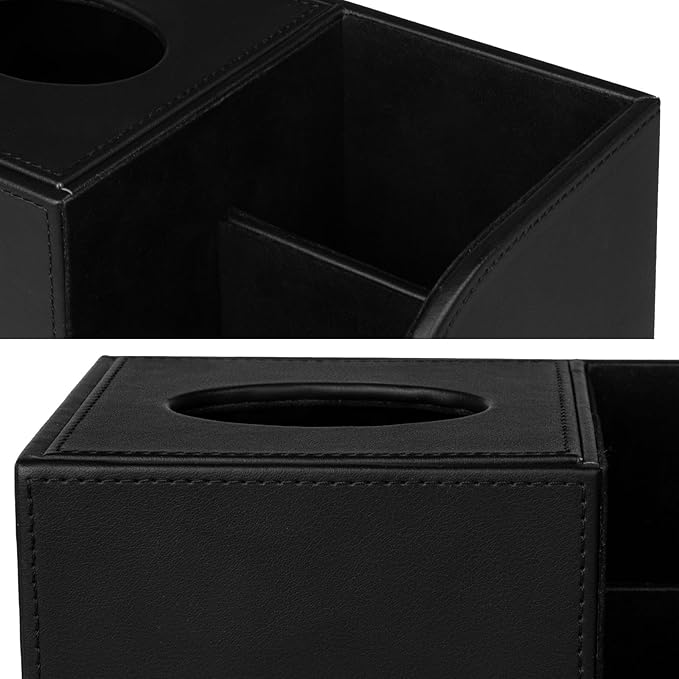PU Leather Tissue Box Cover with Remote Control Holder, Square Tissue Box Holder for Living Room Bathroom Office (Black)