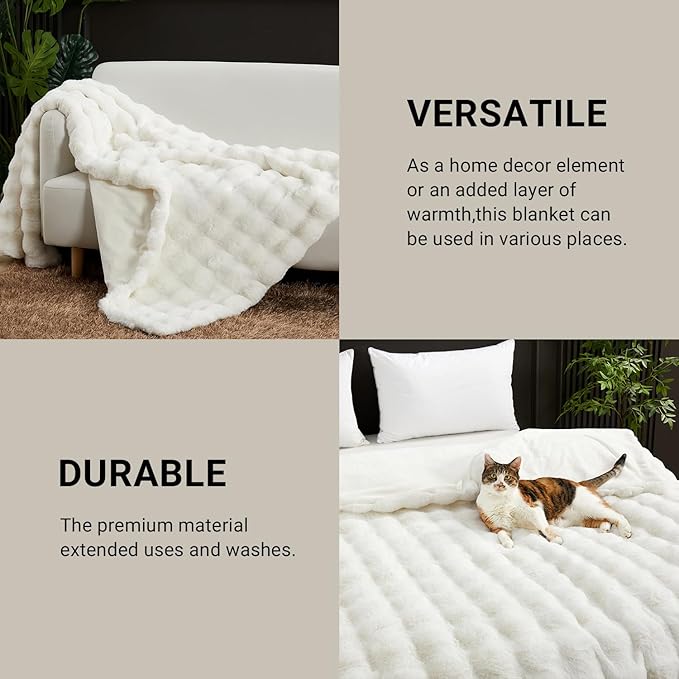 SAPHREAS Faux Fur Throw Blanket for Couch, Fluffy Fuzzy Bubble Blanket for Sofa Bed Living Room, Decor Soft Cozy Gifts for Women Men, 50x60” Cream White