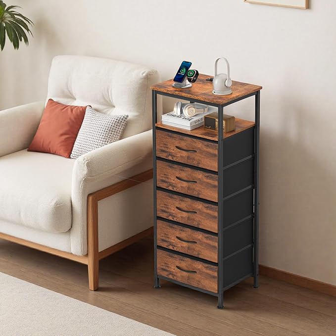 DUMOS Nightstand with Charging Station, Bedside End Table with 5 Fabric Drawers & USB/Type-C Ports and Outlets, Night Stand for Bedroom Furniture, Adjustable Feet and Variable Light Strip, Rust