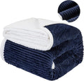 LBRO2M Striped Sherpa Fleece Bed Blanket King Size, Super Soft Fuzzy Plush Warm Cozy Fluffy Microfiber Couch Throw Velvet Double Reversible Luxurious Blankets (90x104),Navy Blue