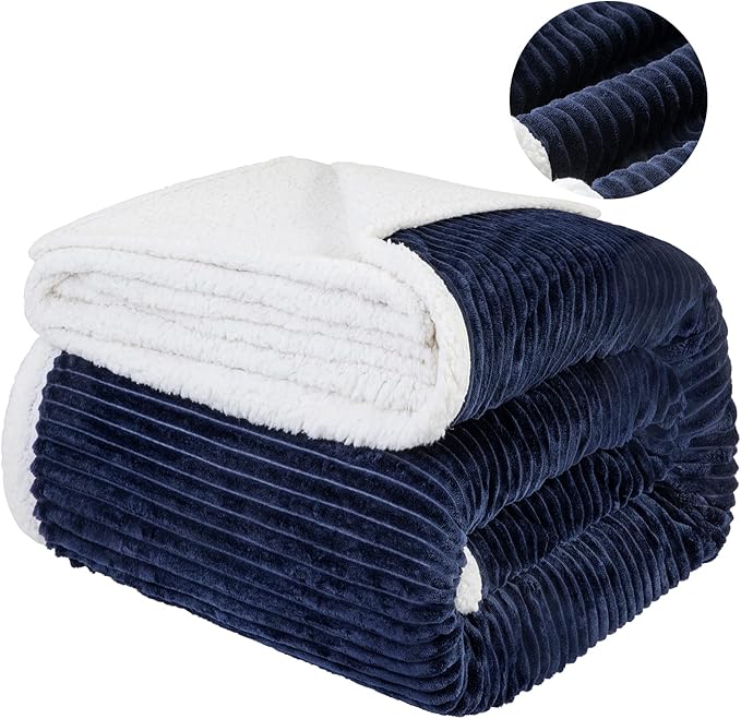 LBRO2M Striped Sherpa Fleece Bed Blanket Queen Size, Super Soft Fuzzy Plush Warm Cozy Fluffy Microfiber Couch Throw Velvet Double Reversible Luxurious Blankets (90x90),Navy Blue