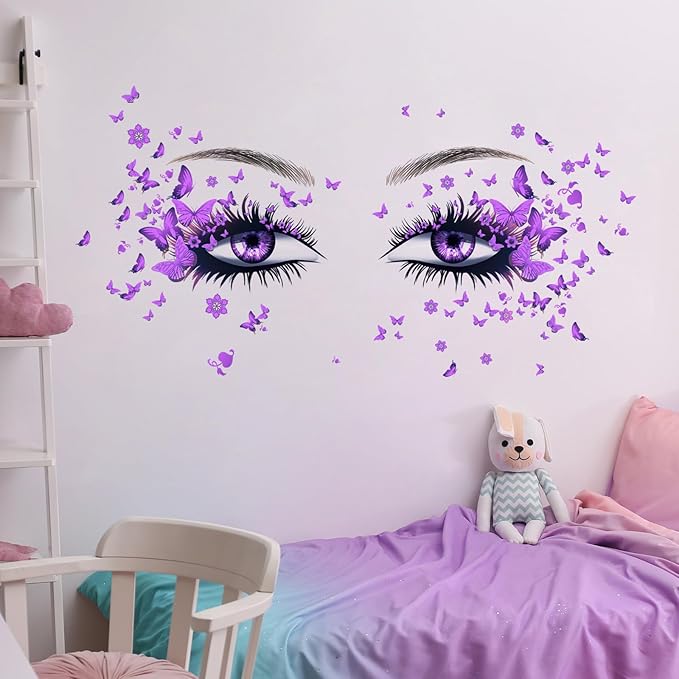 Beautiful Eyelash Eyes Wall Stickers Flying Butterfly Decals Girl Heart Decor Vinyl Art Butterflies Stickers for Women Girls Bedroom Living Room Decoration