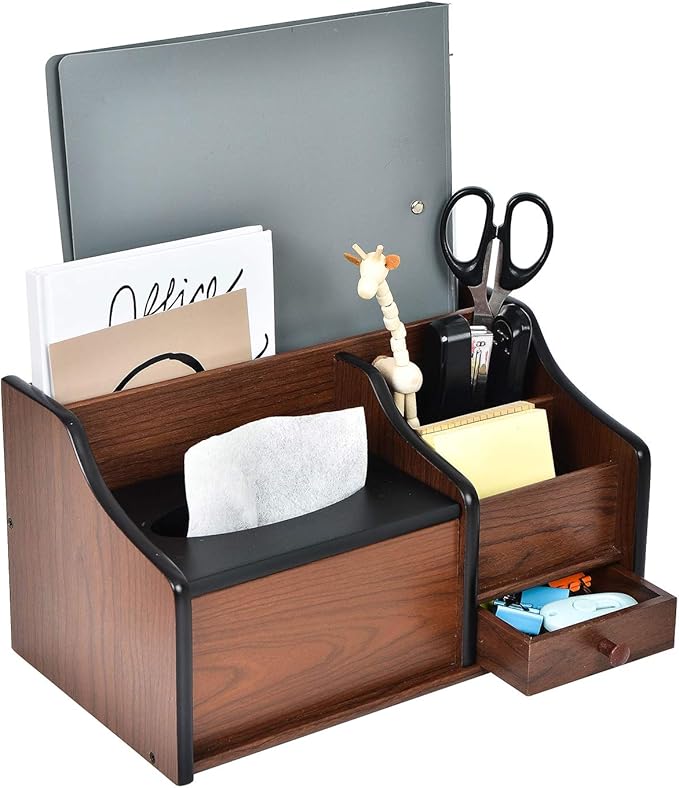 Cherry Brown Wood Desk Organizer Tissue Box Lid Multiple Slots Drawer Tabletop Storage Cabinet Solid Wood Phone Tablet Remote Control Holder Office Supplies Caddy Accessory Sorter Home