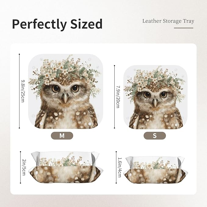 Watercolor Woodland Owl With Floral Crown Wildflowers Valet Tray Leather Desktop Storage Organizer Bedside For Jewelry Keys Coin Candy Sundries