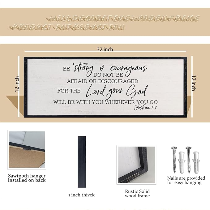 comurdyo Christian Motivational Be Strong And Courageous Sign Wall Decor 32"x12" Joshua 1:9 Bible Verse Religious Faith Rustic Home Simple Living Room Wood Plaque Art Wall Hanging (Black)