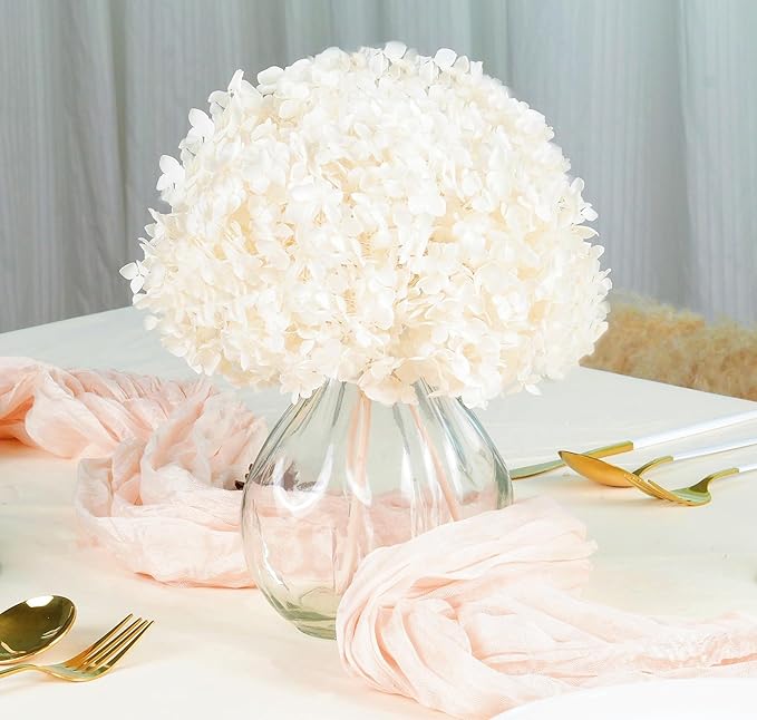 Creamy Ivory Hydrangea Dried Flowers in Glass Vase – Artificial Flowers in Vase for Home Decor, Hydrangeas Centerpiece for Dining Table, Coffee Table, Bathroom, Shelf & Bedroom –Floral Arrangements