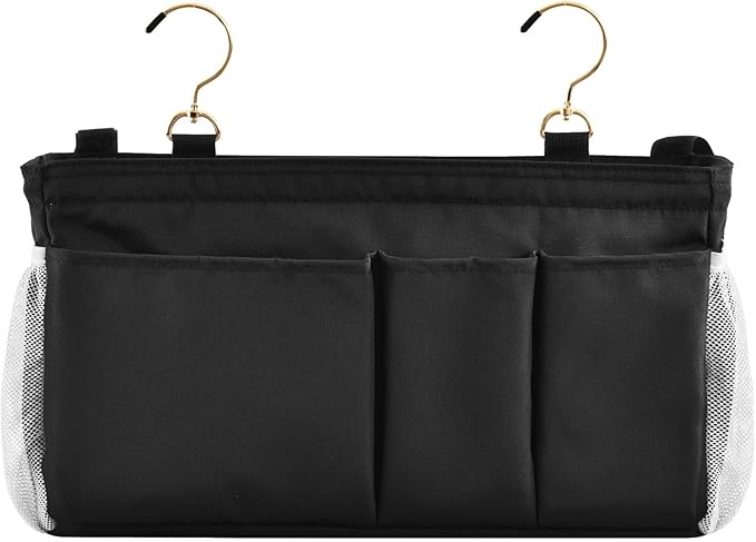 DOMIKING Black Bedside Caddy for Dorm Bed Recliner Armrest Organizer with Hooks Haning Holder for Bunk Bed Headboards Rails