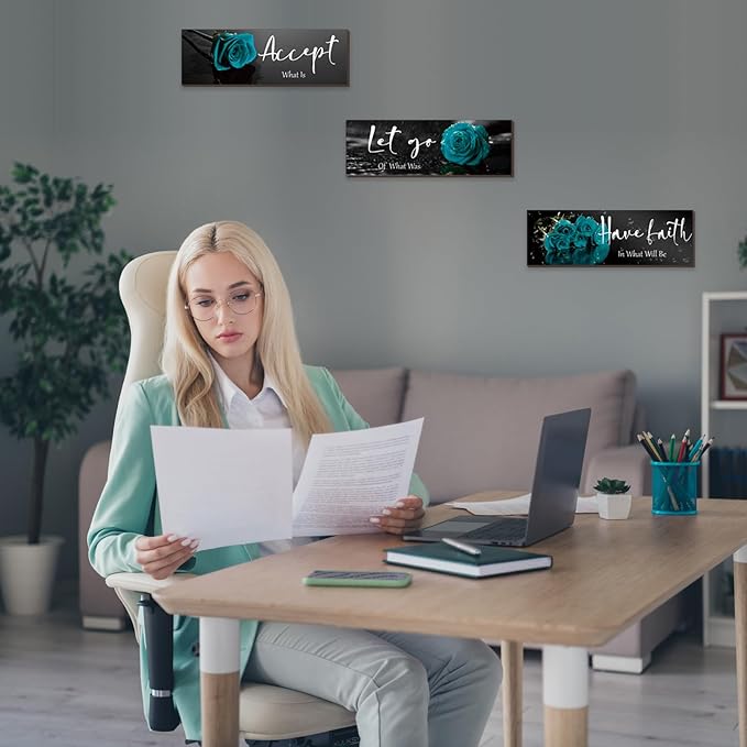 ZINYAZHE 3 Pcs Teal Wall Decor Inspirational Teal Bathroom Decor Wooden Rose Art Turquoise Office Decoration With Accept Let Go Have Faith Quotes For Women Bedroom Living Room(16 X 5 Inch)