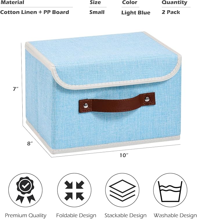 2PCS Storage Boxes with Lid Cotton Linen Fabric Storage Bins Organizer Container Decorative Collapsible Washable Shelf Closet Baskets Faux Leather Handles Home Bedroom (Light Blue, Small)