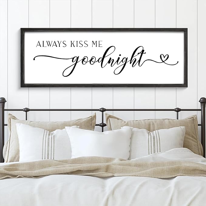 Always Kiss Me Goodnight Wall Sign 42''×15'' Large Above Bed Wall Decor Bedroom Sign Bedroom Decor with Solid Wood Framed, Couples Love Theme Wall Decor (Black)