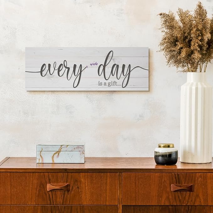 Every Day is a Gift Signs Wall Decor Inspirational Quotes Wall Plaques Family Home Framed Wall Art Vintage Farmhouse Canvas Prints Artwork for Bedroom Living Room Entryway Home Decoration 6x17 inch