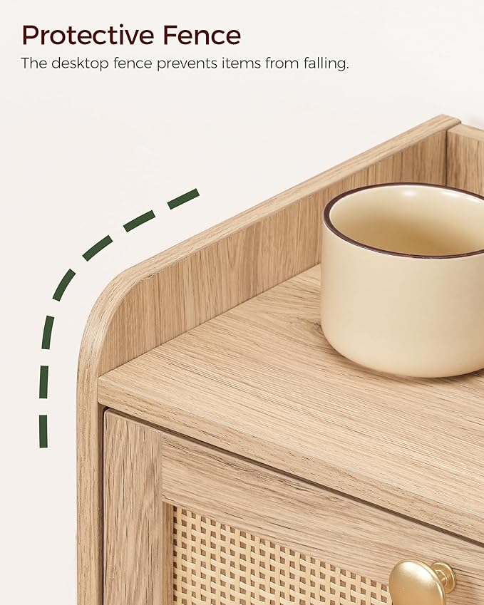 Nightstand with Charging Station, Side Table with Rattan-Style Drawer and Storage Shelf, Modern Rattan Night Stand with 2 USB Ports, Boho End Table Bedside Table for Bedroom, Natural MBZ01UWO