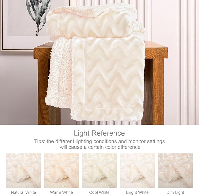 Whale Flotilla Faux Fur Sherpa Throw Blanket for Couch Sofa, Cozy Reversible Fuzzy Fluffy Plush Throws for All Season, Warm and Soft, 50x60 Inch, Ivory