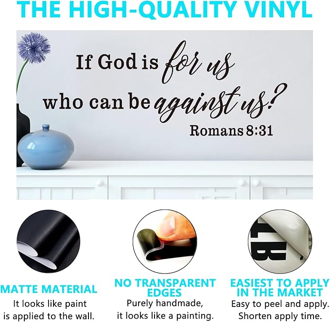 Christian Wall Decals for Living Room: Bible Verse Quotes Inspirational Bedroom Vinyl Art Wall Stickers - If God is for Us Who can be Against US 32" X 12.5"