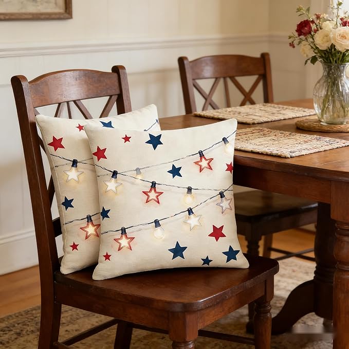 4th of July Throw Pillow Covers, Independence Day Star Design, Linen, 18x18 Inch, Set of 2, Farmhouse Style