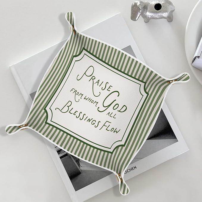 Christian Gifts Leather Jewelry Valet Tray, Green Religious Bible Verse PU Leather Catchall Beside Caddy Nightstand Organizer Tray for Jewelry Rings Watches Keys and Accessories, 7.8x7.8inch