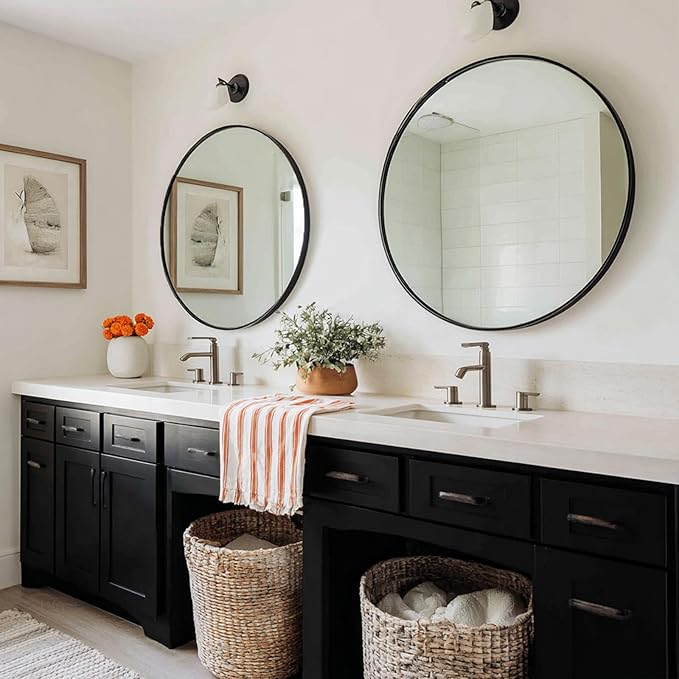 Black Round Mirror 24 inch, 2 Pack Black Circle Mirror, Round Bathroom Mirrors Metal Frame for Bathroom, Bedroom, Living Room, Hallway.