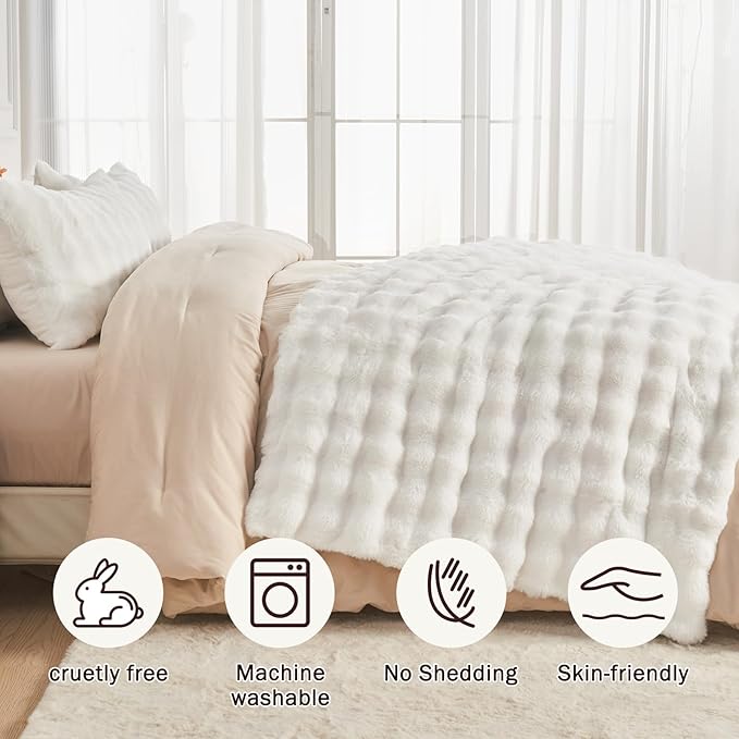 EMME Faux Fur Throw Blanket White - Big Bubble Rabbit Cozy Blanket for Couch, Small Fluffy Fuzzy Cozy Blanket, Thick Furry Plush Shaggy Blankets, 650GSM, 50x60 Inches