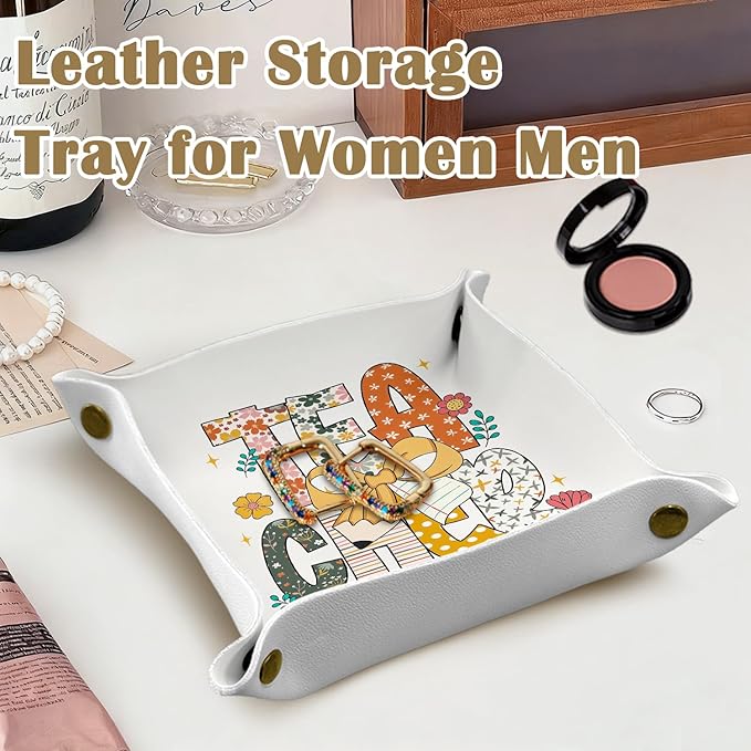 Teacher Appreciation Gifts Jewelry Valet Tray for Women, Gifts for Teacher PU Leather Catchall Beside Caddy Nightstand Organizer Tray for Jewelry Rings Watches and Accessories, 7.87x7.87in