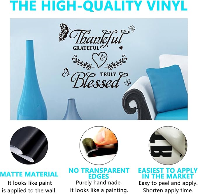 Family Wall Stickers for Living Room: Inspirational Home Quotes Vinyl Art Wall Decals for Kitchen Dining Room Bedroom Bathroom Apartment - Thankful Grateful Blessed 18" X 15"