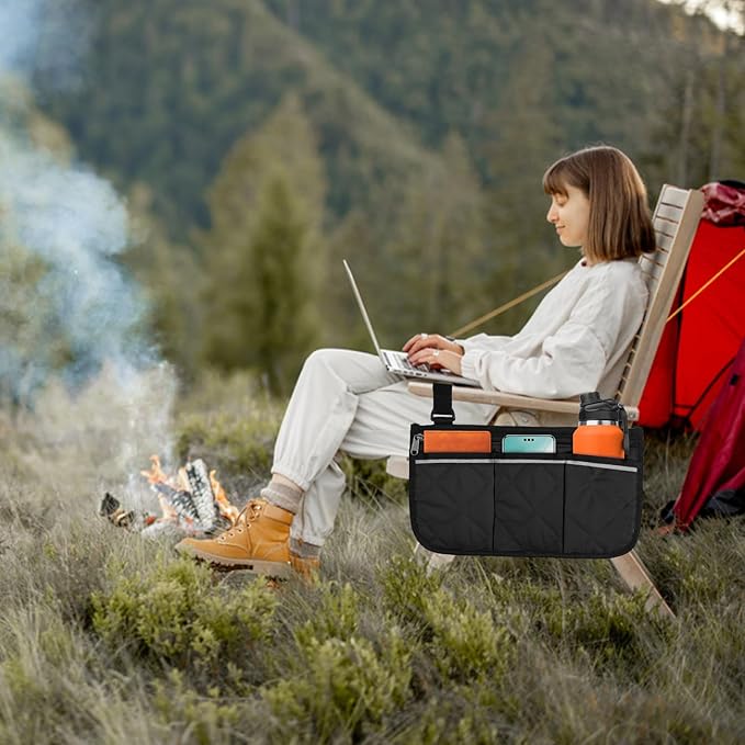 Camping Armrest Storage Bag, Chair Armrest Organizer, Car Seat Hanging Bag, Extended Back Buckle Canvas Beach Chair StorageBag, Side HangingBag For Bedside/Outdoor/Beach/Camping(black)