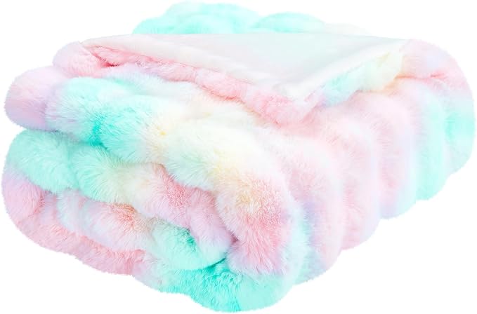 JONIYEAR Decorative Colorful Fluffy Bubble Faux Rabbit Fur Blanket Twin Size 60" x 70",Oversized Thick Warm Fuzzy Blanket for Winter,Luxe Pastel Cute Shaggy Cozy Furry Blankets for Women Girl, Rainbow