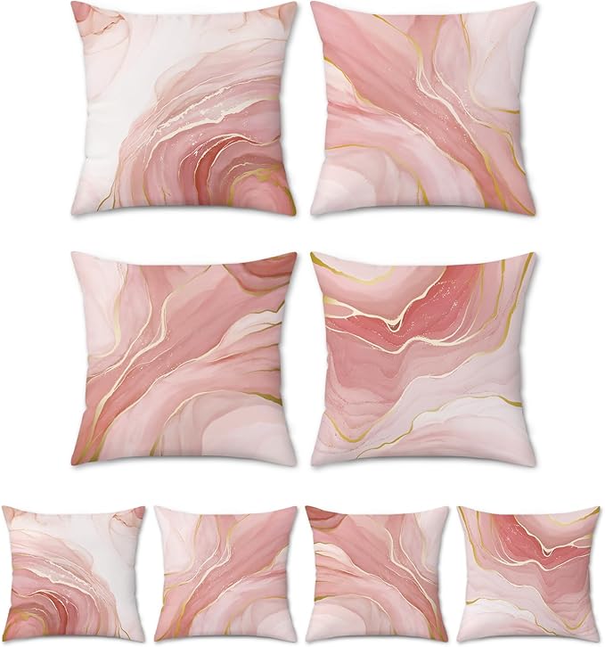 Bonhause Pink Marble Throw Pillow Covers 18x18 Inch Two-Sided Pink Gold Abstract Art Modern Decorative Pillows Case Soft Velvet Outdoor Cushion Covers for Couch Sofa Bed Home Decor Set of 4