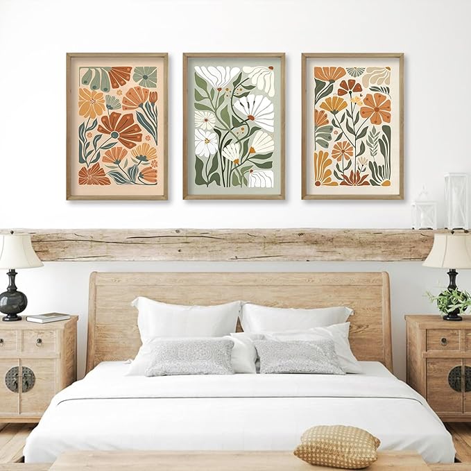 Wildflower Floral Green Botanical Wall Art Print 16"x24" Set of 3 flower Illustrations Minimalist Modern Boho Sign Wood Framed for Living Room Bedroom Office Abstract Wall Hang Decor (Wood)