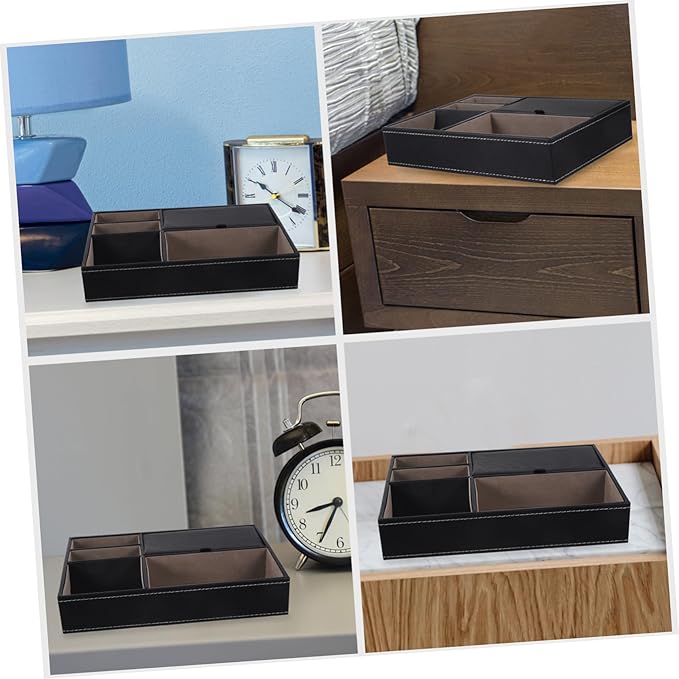 Beaupretty Faux Leather Nightstand Organizer Tray for Jewelry and Watches Multi Compartment Storage Box for Rings Necklaces Phone Wallet Bedside Dresser Black Bedside Table Organizer for Men