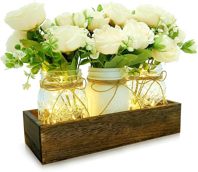 XXXFLOWER 3 Pcs Mason Jars Lights Fall Table Centerpieces - Birthday Gifts for Women Mom Wife,Indoor Decors for Farmhouse Coffee Table Dining Room Kitchen Wedding
