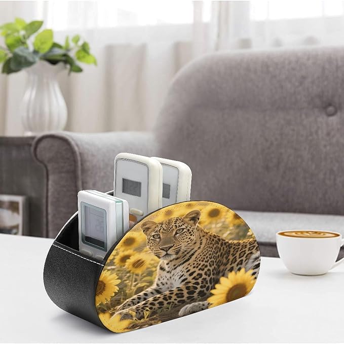Sunflower Leopard Remote Control Holder Organizer Box with 5 Compartment PU Leather Bedside Storage Caddy Remote Organizer for Controller Media Player Pen/Pencil Storage