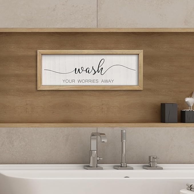 comurdyo Funny Laundry Room Plaque Wash Your Worries Away Bathroom Sign Wall Decor Inspirational Quote 16×6 Inch for above the Bathtub Restroom Small Wooden Framed Wall Hanging Art (Wood)