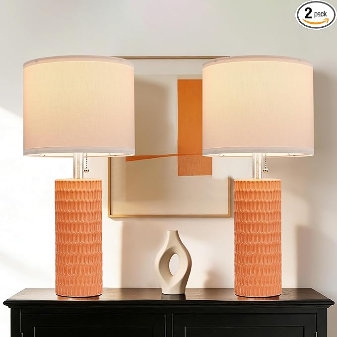 Table Lamps for Living Room Set of 2, Ceramic Table Lamps for Bedroom, 20" Modern Lamps for Night Stands, Orange
