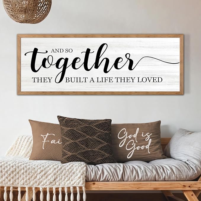 And So Together They Built A Life They Loved Decorative Rustic Sign & Plaque Framed Wall Art for Couples, 40''×15'' Vintage Wooden Horizontal Wall Decor Above Bed, Farmhouse Wedding Gift