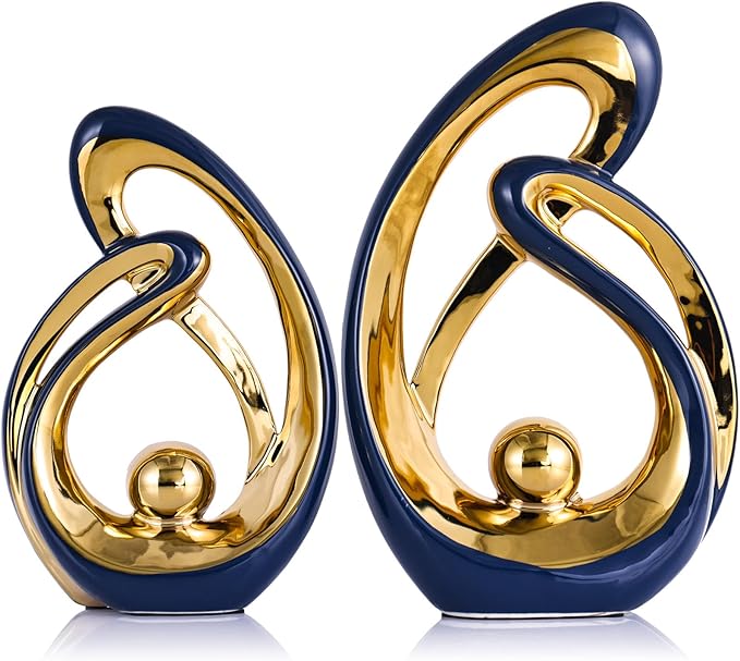 XMGZQ Home Decor Accent,Porcelain Art Mid Century Bookshelf Decorations,Gold Centerpieces for Tables,Abstract Ceramic Statue Sculpture for Coffee Table Mantel Tv Stand Centerpieces (Blue, Large)