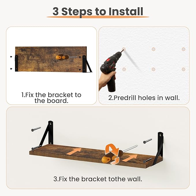 upsimples 23.6 Inches Floating Book Shelves for Wall, Floating Wood Shelves for Living Room, Laundry Room, Bedroom, Office Organizer and Storage, Brown