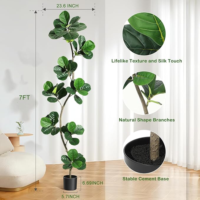 GarveeHome Artificial Fiddle Leaf Fig Tree - 7 ft Fake Plant with Black Nursery Planter, Large Floor Plants for Home or Office Decor - Artificial Plants Indoor Outdoor, Housewarming Gift