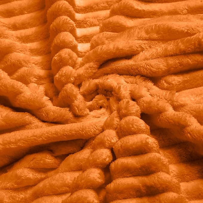 Vessia Flannel Fleece Twin Size Blanket for Bed,Couch,Sofa(60x80inch), 300GSM Microfiber Burnt Orange Striped Bed Blanket for Adults, Super Soft Warm Cozy Lightweight Ribbed Decor for All-Season